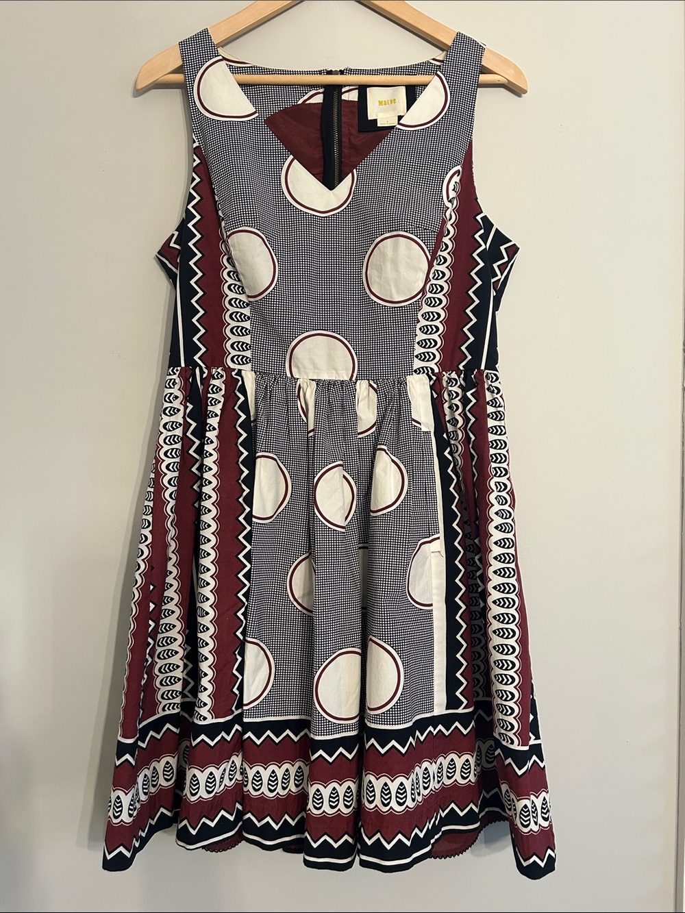 Maeve Sleeveless Burgundy, Navy & Cream Printed Cotton Dress